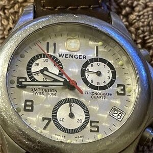 Wenger Silver Chronograph Watch with Brown Strap